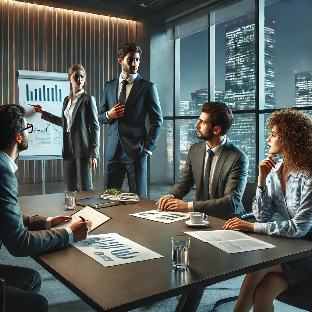 DALL·E 2025-04-19 16.05.33 - A realistic scene of four business professionals gathered around a table in a modern office meeting room. The man in a suit is standing and pointing t