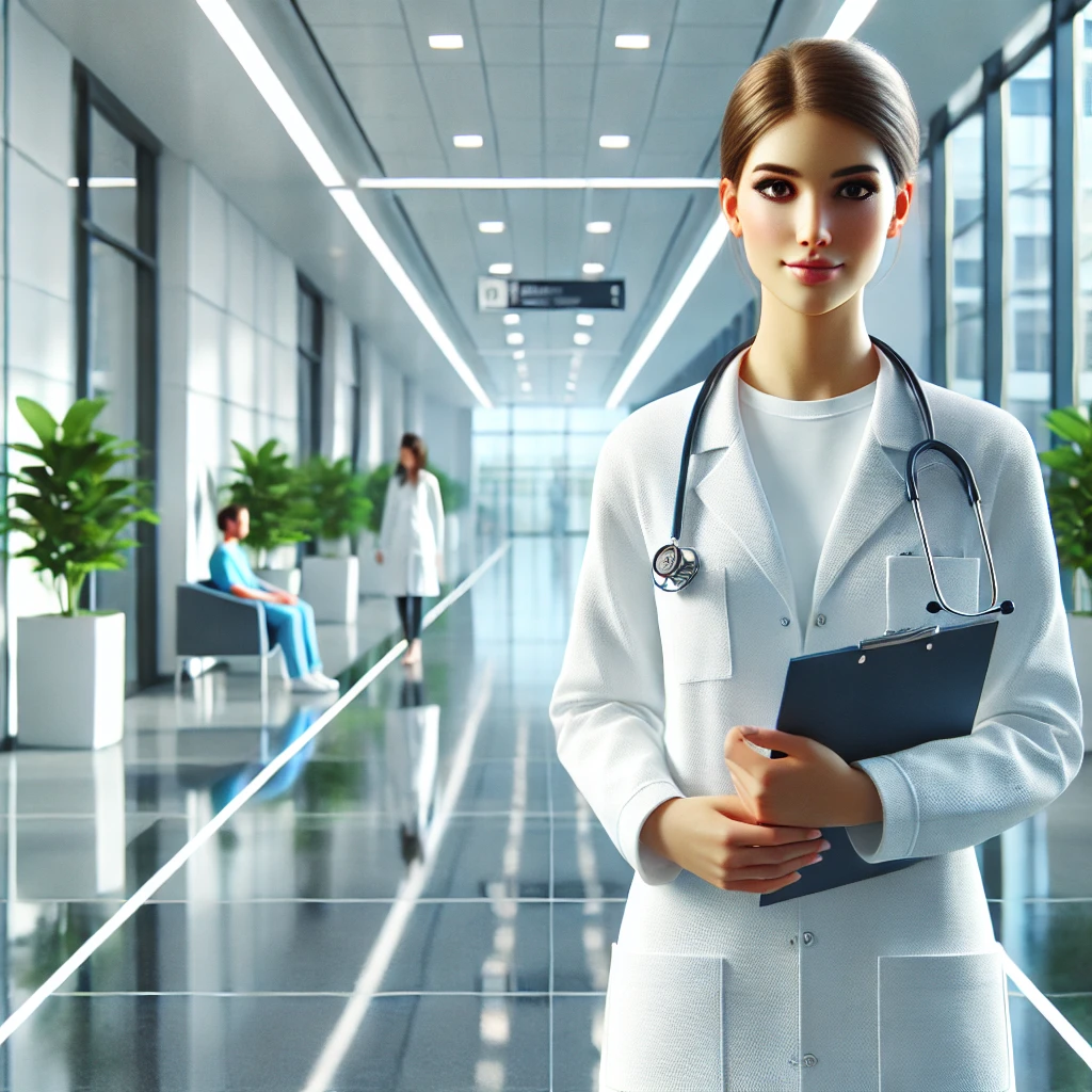 DALL·E 2025-04-19 16.28.57 - A realistic 3D rendering of a young medical professional standing in a modern hospital corridor. She is wearing a white lab coat with a stethoscope ar