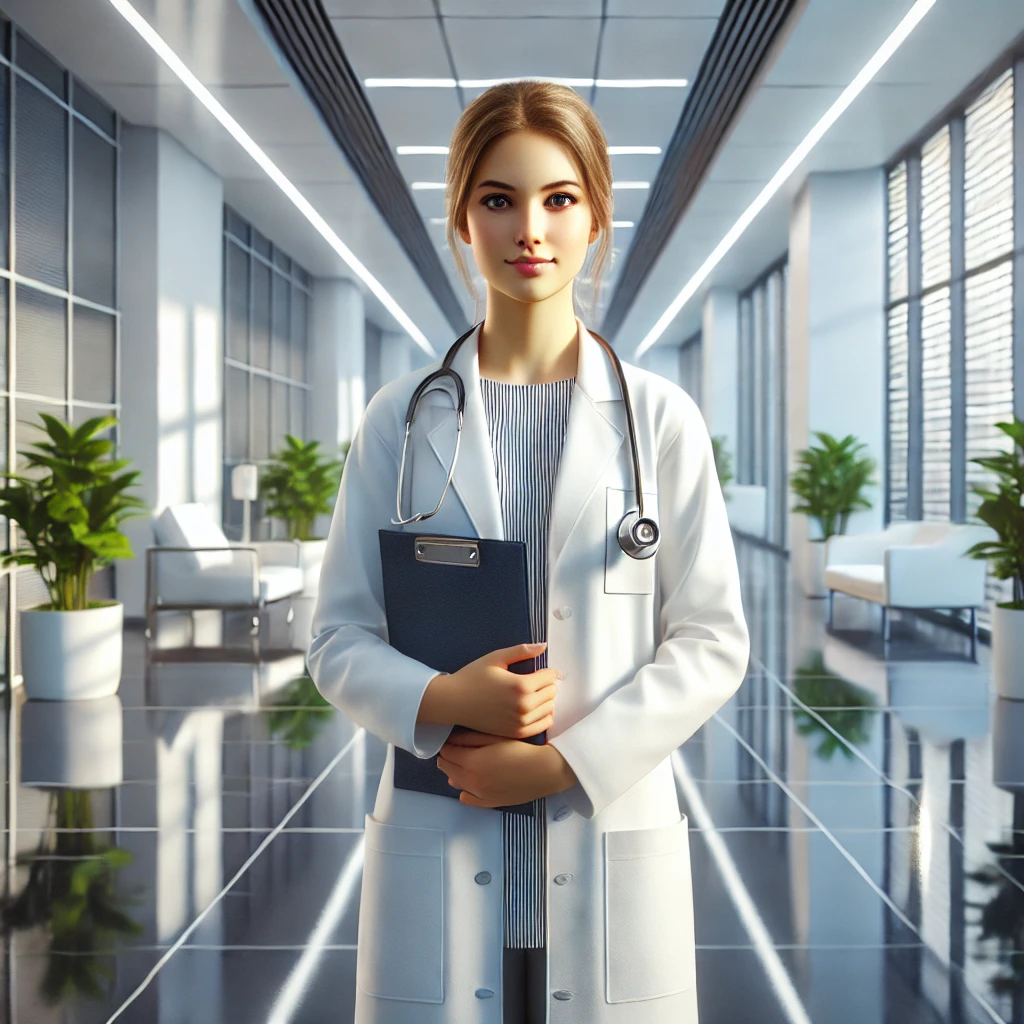 DALL·E 2025-04-19 16.31.54 – A realistic 3D rendering of a young medical professional standing in a well-lit hospital corridor. She is dressed in a white lab coat with a stethosco DALL·E 2025-04-19 16.31.54 - A realistic 3D rendering of a young medical professional standing in a well-lit hospital corridor. She is dressed in a white lab coat with a stethosco